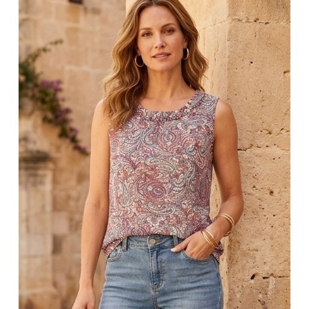 Talbots M Paisley Ruffle Neck Sleeveless Blouse Top Red Blue Multi-Color Classic